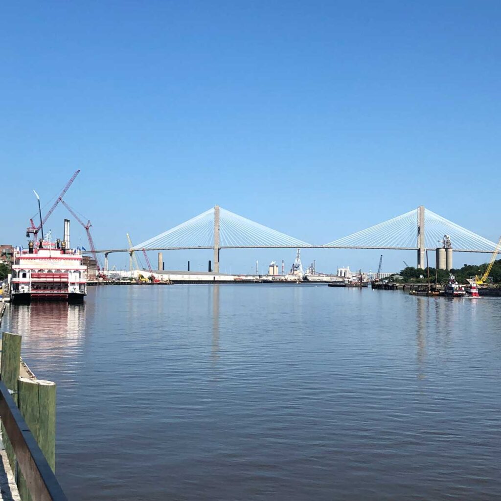 Savannah river with bridge and riverboat